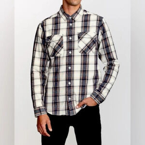 RVCA That’ll Work Flannel Oversized Long Sleeve Shirt in Blue and White Size S